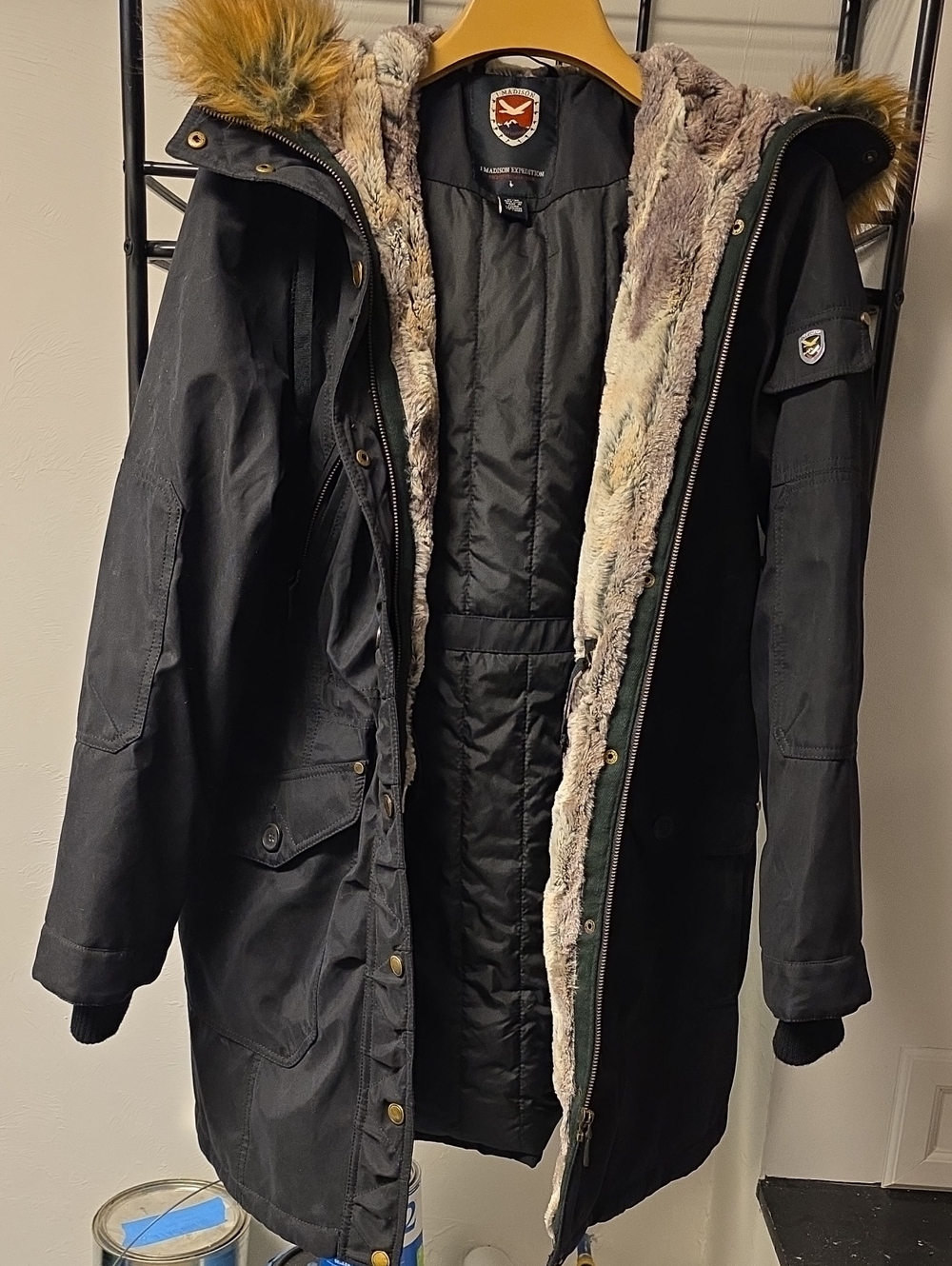 Madison Black Military-Style Parka with Faux Fur Trim